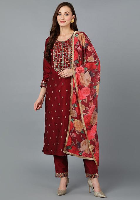 Maroon Embroidered Silk Blend Kurta Set
