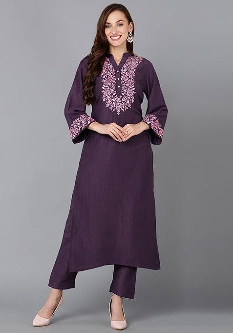 Purple Embroidered Silk Blend Kurta