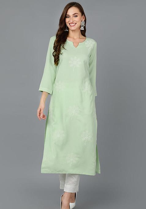 Sea Green Embroidered Cotton Blend Kurta