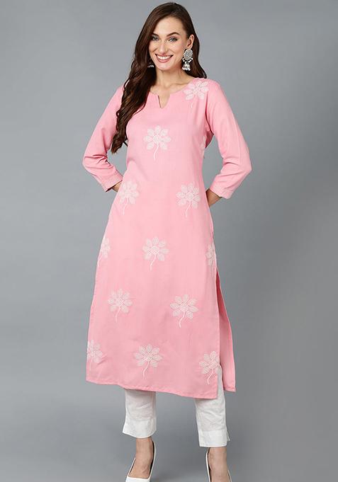 Pink Embroidered Cotton Blend Kurta