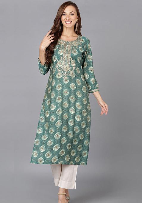 Green Printed Silk Blend Kurta