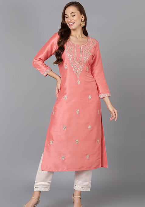 Pink Embroidered Silk Blend Kurta