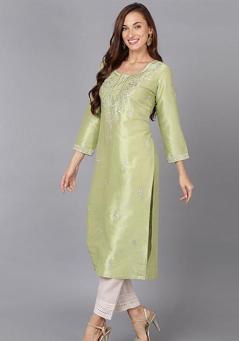 Lime Green Embroidered Silk Blend Kurta