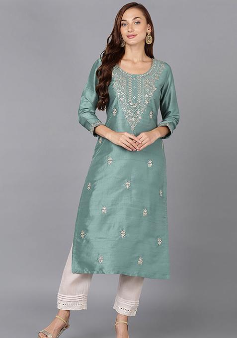 Teal Embroidered Silk Blend Kurta