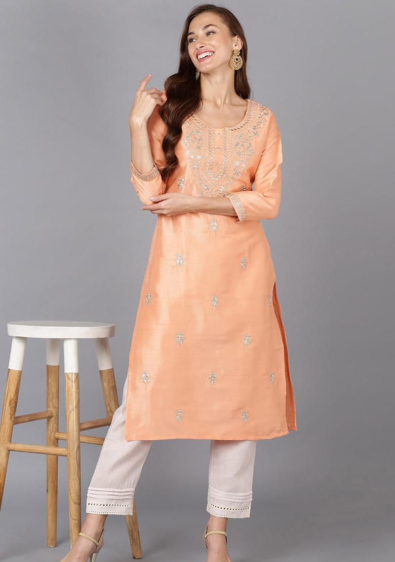 Peach Embroidered Silk Blend Kurta - Indya