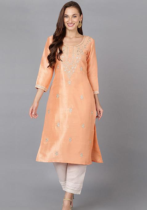 Peach Embroidered Silk Blend Kurta