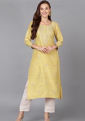 Yellow Embroidered Silk Blend Kurta