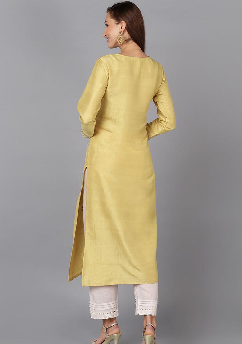 Yellow Embroidered Silk Blend Kurta