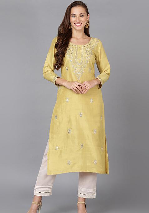 Yellow Embroidered Silk Blend Kurta