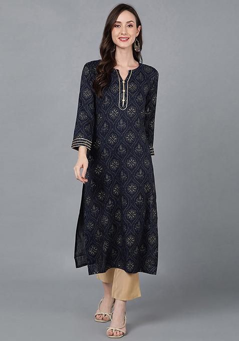 Navy Blue Printed Silk Blend Kurta