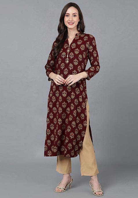 Maroon Printed Silk Blend Kurta