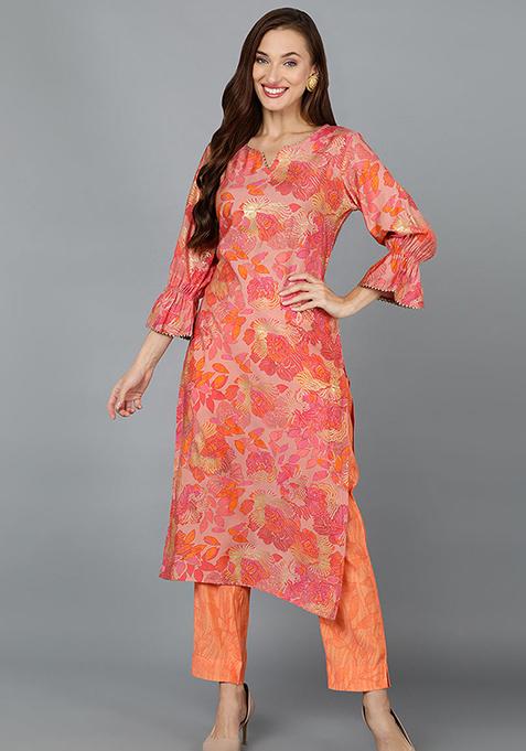 Peach Printed Silk Blend Kurta