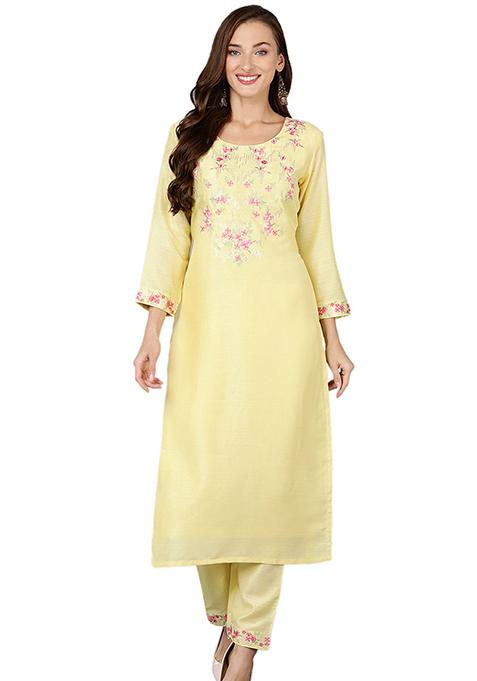 Yellow Embroidered Silk Blend Kurta