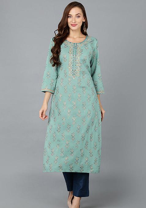 Sea Green Printed Cotton Kurta