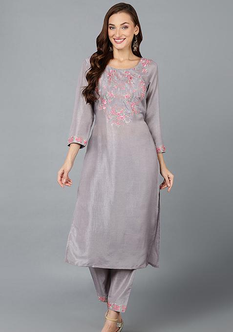 Steel Grey Embroidered Silk Blend Kurta