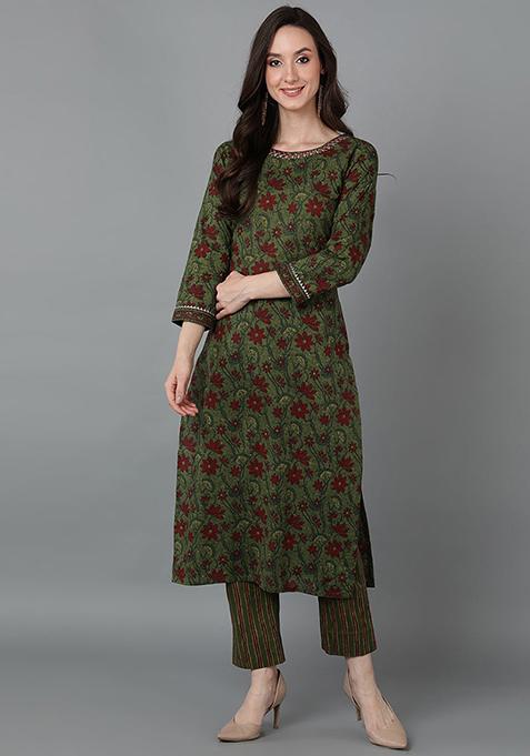 Green Printed Cotton Kurta