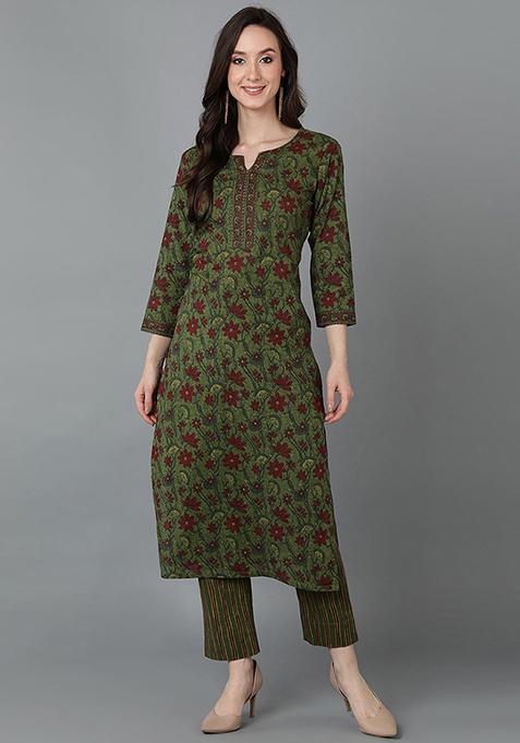 Green Printed Cotton Kurta