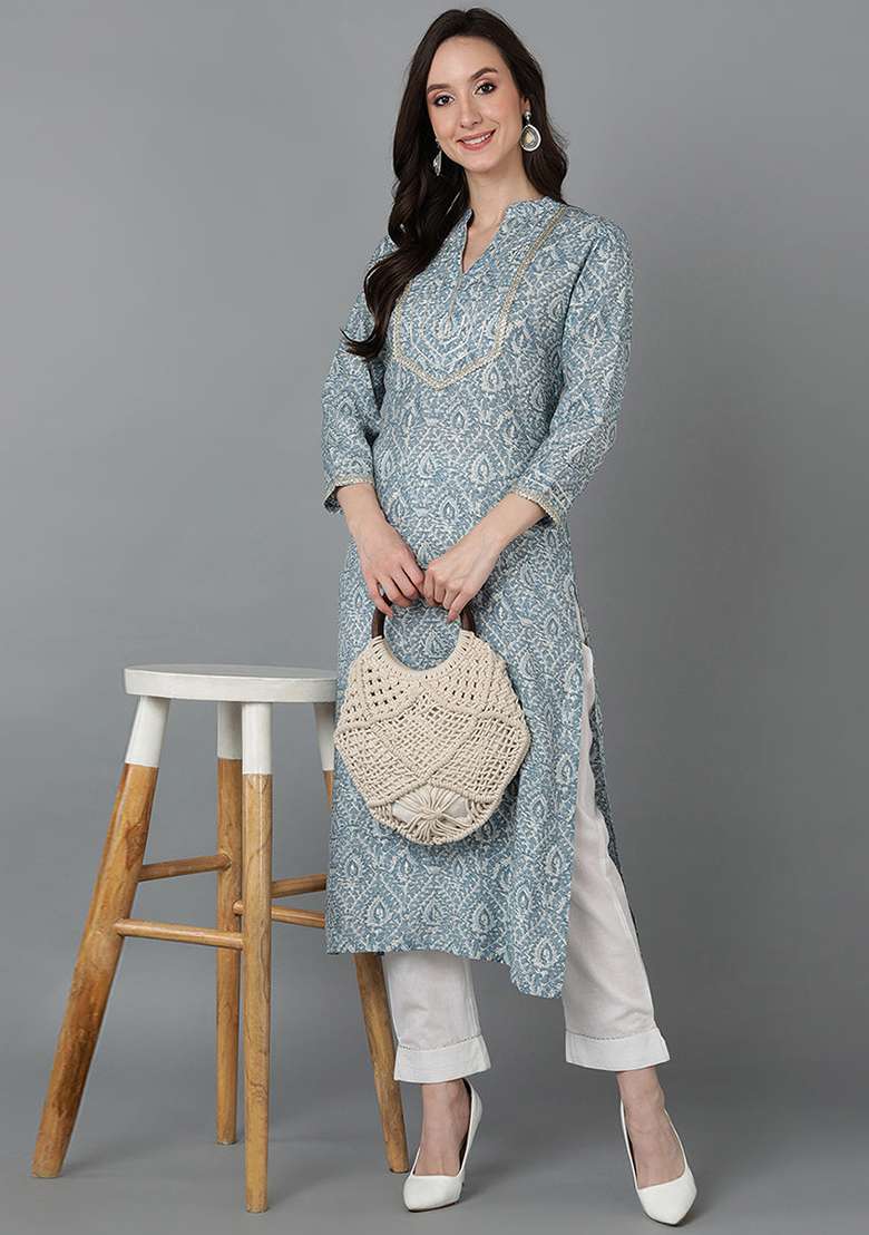 Grey Printed Blended Straight Kurta Set - Indya