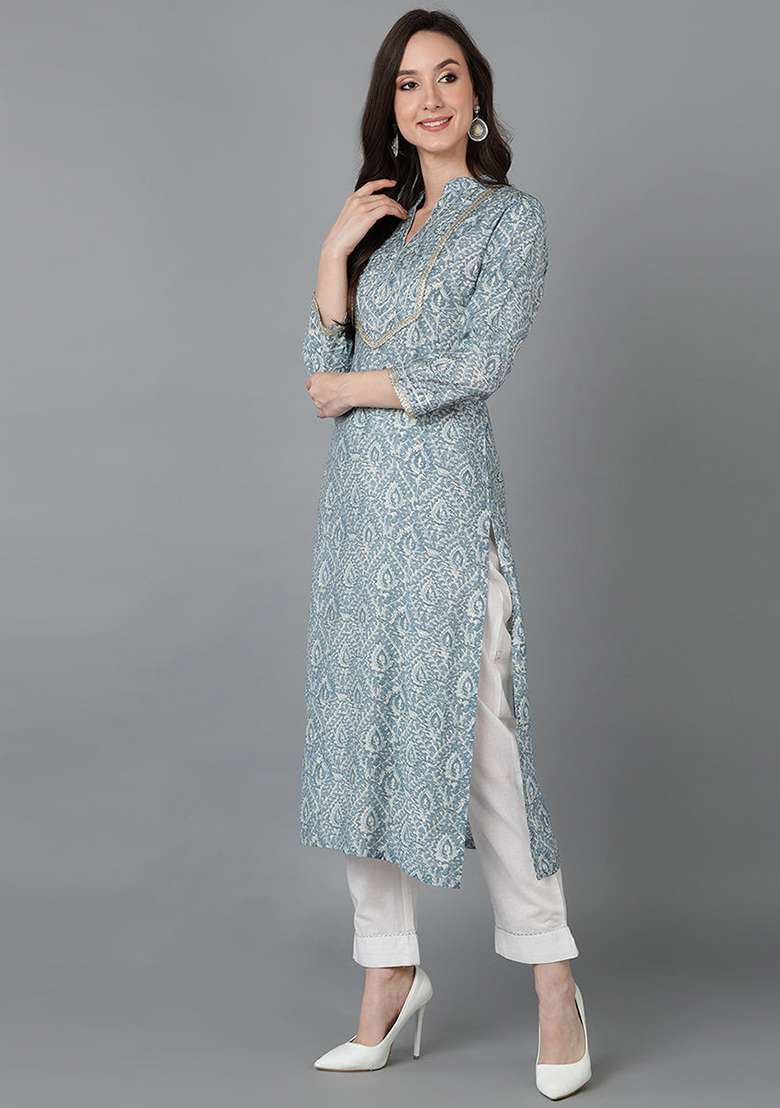 Grey Printed Blended Straight Kurta Set - Indya