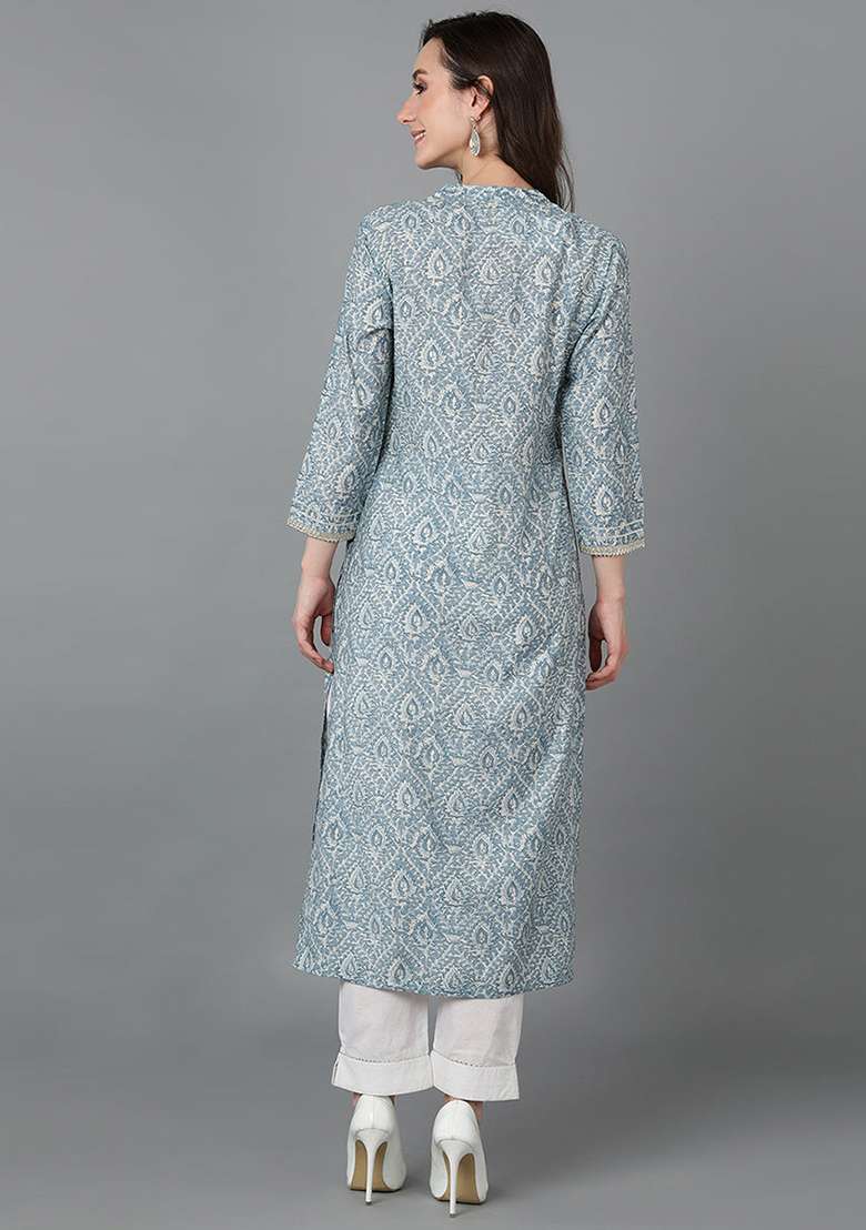 Grey Printed Blended Straight Kurta Set - Indya