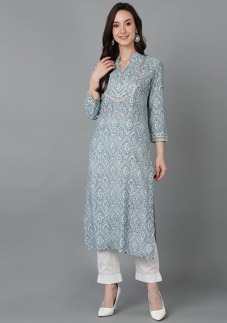 Grey Printed Silk Blend Kurta - Indya