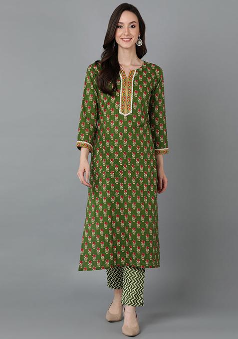 Green Woven Cotton Kurta