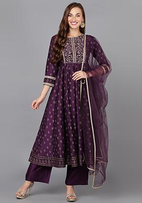 Purple Printed Silk Blend Kurta Set