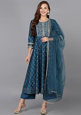 Blue Printed Silk Blend Kurta Set
