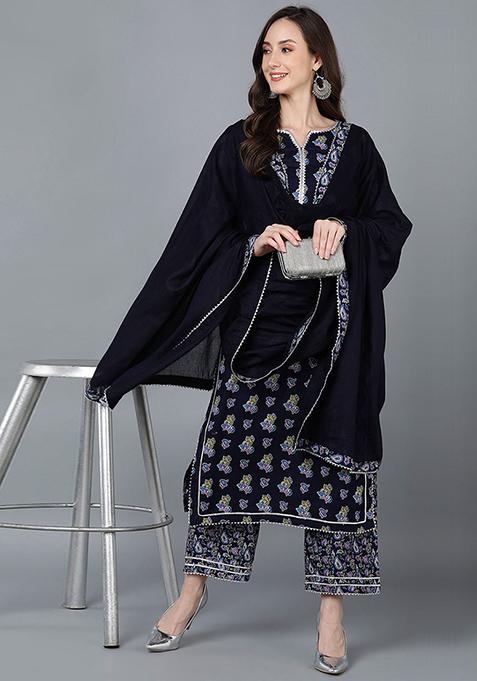 Navy Blue Printed Cotton Kurta Set