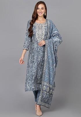 Grey Embroidered Silk Blend Kurta Set