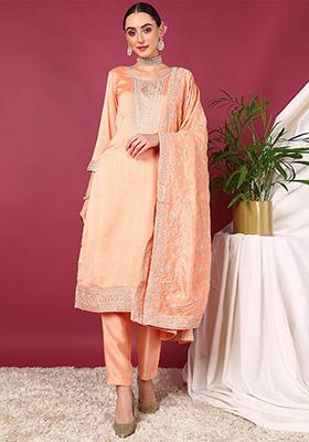 Peach Embroidered Silk Blend Kurta Set