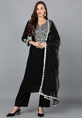 Black Embroidered Silk Blend Kurta Set