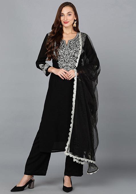 Black Embroidered Silk Blend Kurta Set