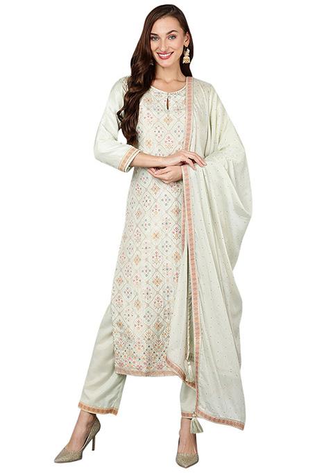 Green Woven Silk Blend Kurta Set