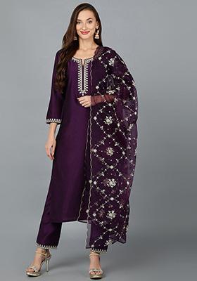 Purple Embroidered Silk Blend Kurta Set