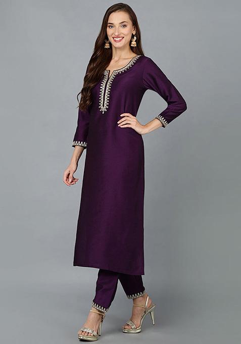 Silk Blend Kurta Set with Multicolor Embroidery