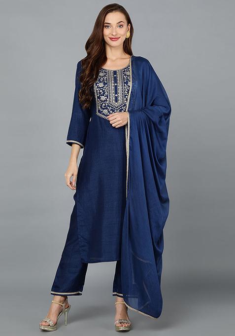 Blue Yoke Design Silk Blend Kurta Set