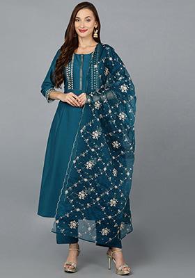 Turquoise Blue Embroidered Silk Blend Kurta Set