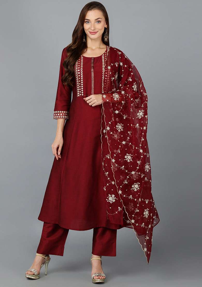 Maroon Embroidered Silk Blend Straight Kurta Set - Indya