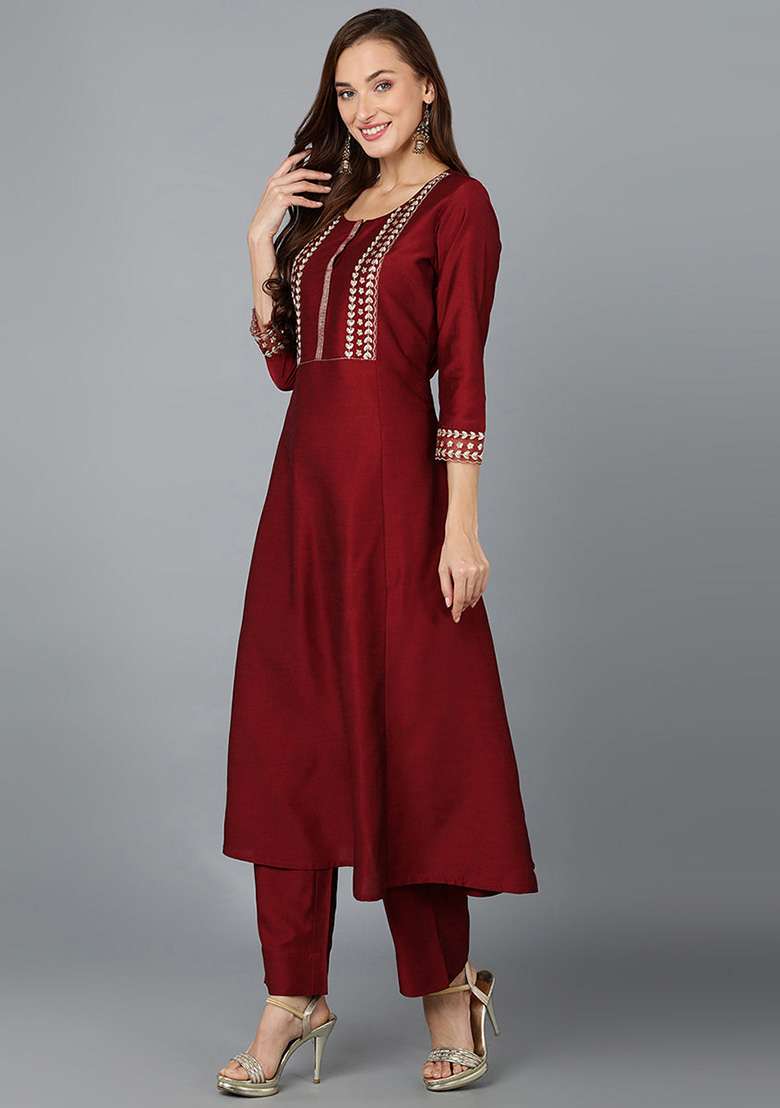 Maroon Embroidered Silk Blend Straight Kurta Set - Indya