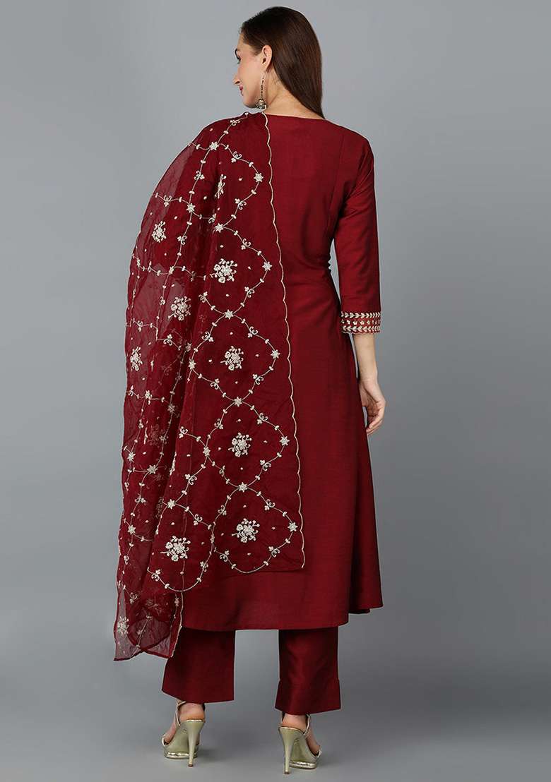 Maroon Embroidered Silk Blend Straight Kurta Set - Indya