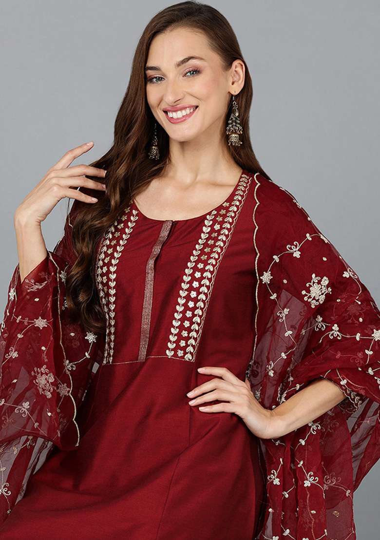 Maroon Embroidered Silk Blend Straight Kurta Set - Indya