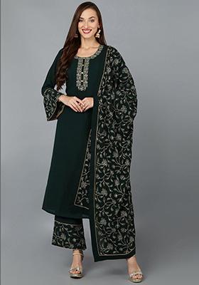 Green Embroidered Georgette Straight Kurta Set