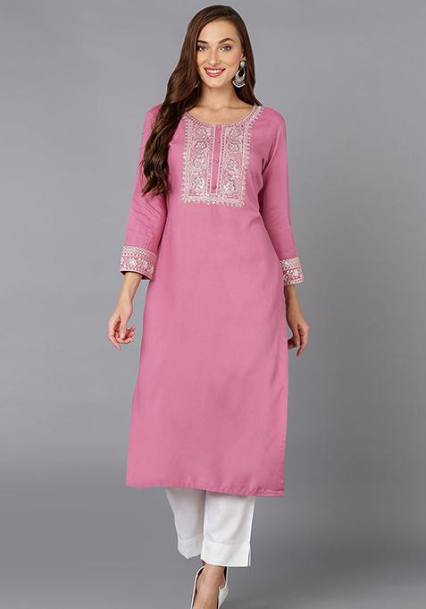 Pink Embroidered Rayon Kurta