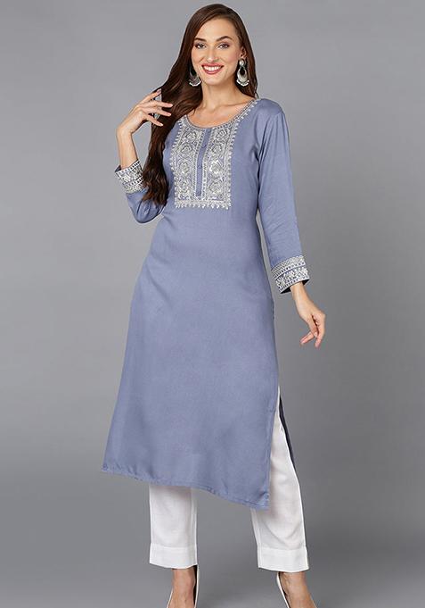 Blue Embroidered Rayon Kurta