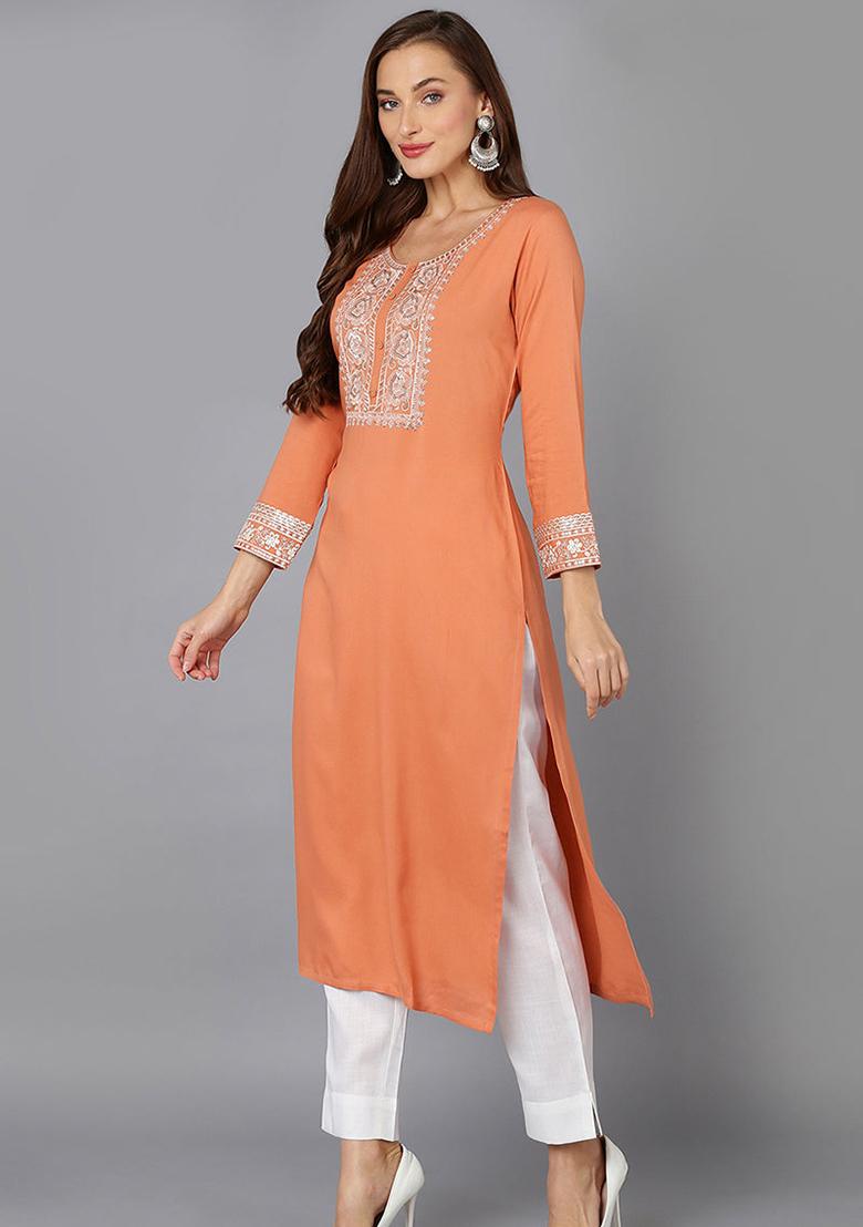 Coral Embroidered Rayon Kurta