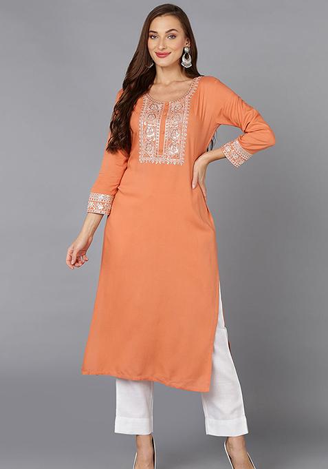 Coral Embroidered Rayon Kurta