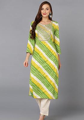 Green Printed Cotton Blend Kurta