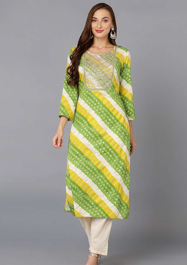 Green Bandhani Cotton Straight Kurta Set - Indya