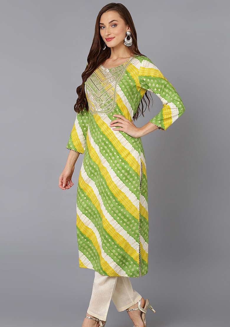 Green Bandhani Cotton Straight Kurta Set - Indya